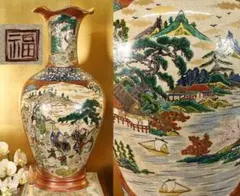 BK770　九谷焼　名工 大雅　青粒金襴手七賢人図 大花瓶　飾壷　床飾り　高36 BK770 九谷焼 名工 大雅 青粒金襴手七賢人図 大花瓶 飾壷 床飾り 高36