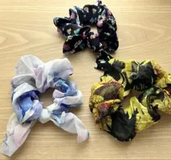 春夏　向日葵　花柄　リボン　ヘアゴム　ヘアアクセサリー　シュシュ　３個セット