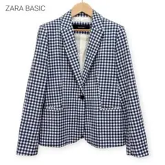ZARA BASIC ザラ ギンガムチェックテーラードジャケットL 紺×白のサムネイル