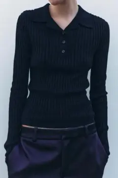 Zara リブニットポロセーター　ネイビー　M