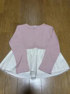 110サイズ ピンク×ホワイト ペプラムデザイン長袖カットソー