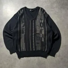 ヴィンテージ 総柄 幾何学 Vネック 立体 ケーブル デザイン ニット セーター