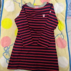 赤と紺のストライプ長袖ワンピース 120