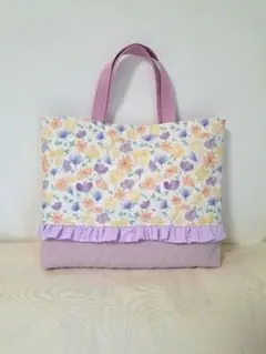 【完成品】フリルが可愛いお花柄レッスンバッグ/入園入学/絵本バッグ
