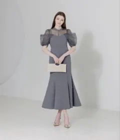 LEJA】パールビジューオーガンジーパフスリーブマーメイドロング