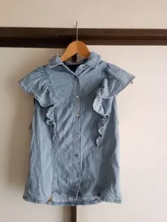 ZARA デニム フリル ノースリーブ ブラウス ライトブルー S