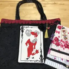 ロラライハリス　大容量　巾着バッグ　ポーチ　レース　刺繍　ブラック　黒　レッド