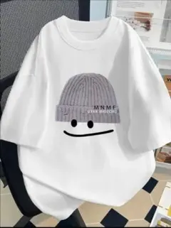 ☆ニット帽スマイルプリント☆ 半袖Tシャツ ホワイト