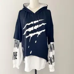 ダメージ風　レイヤード　パーカー