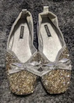 フラットシューズ キラキラグリッター24.5cm ローヒール蝶結び結婚パーティ