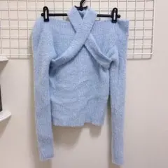 ワンホン SHEIN オフショルダー トップス ニット チョーカー 水色 ブルー