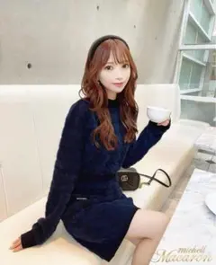 ミシェルマカロン シャギーニットミニワンピース 千鳥柄 ブルー