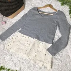 【ノーブランド】 美品 ラウンドネックシャツ グレー 花柄 可愛い♡ サイズF