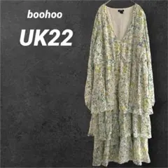 boohoo ティアードシフォンワンピース 小花柄 長袖 UK22 Vネック