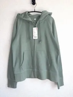 新品 UNIQLO スウェットフルジップパーカーM くすみグリーン