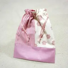 ハンドメイド 巾着袋 コップ袋 小物入れ 給食袋 花柄 フルレット ピンク