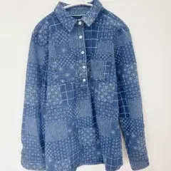 ランズエンド シャツ レギュラー 総柄 M 藍 綿 お出かけ ストレッチ デニムのサムネイル