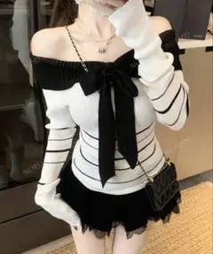 新品未使用 オフショルダー ストライプ ニット