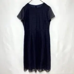 良品✨KEITH ひざ丈ワンピース（40）紺 ドット 半袖 袖シフォン 洗えるのサムネイル