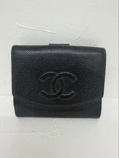 美品 CHANEL 二つ折り財布 ココマーク キャビアスキン レザー Wホック