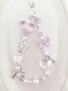 【新作】透明パープルハート〰︎︎ビーズストラップ 約17cm B875