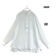 H&M バンドカラー シャツ ブラウス 白 長袖 チュニック丈 38 M