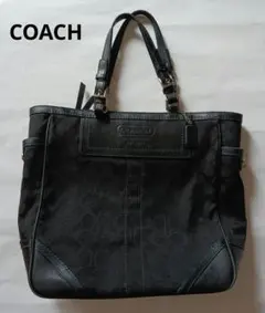 COACH コーチ シグネチャー ロゴ柄 キャンバス レザー トート バッグ黒のサムネイル
