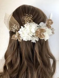 WPGゴールド髪飾りドライフラワー　前撮り　卒業式　結婚式　振袖袴　成人式　花嫁