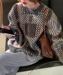 Dolly Girl ジャガードチェックニット F グレー セーター