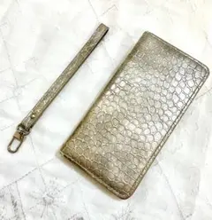 iPhone12 手帳型 牛革型押 シャンパンゴールド ストラップ付 金運