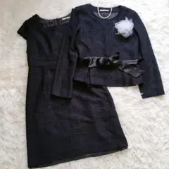 ナチュラルビューティーベーシック　ワンピーススーツ　ノーカラー　ツイード　L