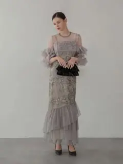 フラワースパンコールチュールフリルスリーブIラインワンピースドレス