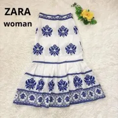 ZARAwoman＊リネン100% 刺繍スカート ティアード 白 青 ボヘミアン