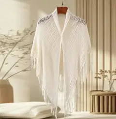 ホワイト フリンジ付きレース編みカーディガン
