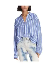 美品 希少モデル ラルフローレン ストライプ クロップド リネンシャツ M 美品 希少モデル ラルフローレン ストライプ クロップド リネンシャツ