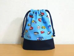 H336【通園・通学グッズ】ハンドメイドコップ袋(働く車柄水色)