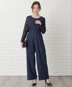 Lace Ladiesウエストリボン付きレース袖ワイドパンツドレス・セットアップ