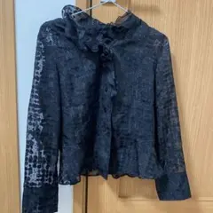 ブラック ドット柄 フリル襟 長袖ブラウス