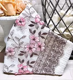 布マスク 花刺繍チュールレース　ピンク×モカ　シルク