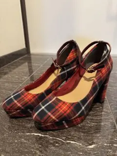 【美品】RANDA チェック柄アンクルストラップヒール S(22.0〜22.5)