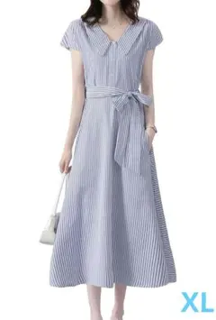 【新品】完売☆高評価　ブルーストライプフレンチスリーブシャツワンピース　春夏XL