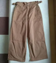 ブラウン ワイドパンツ ウエストゴム ベルト調節付き クロップドパンツ M