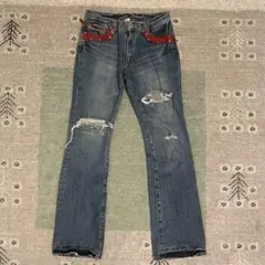 00s cow leather pockets flared denim Y2K