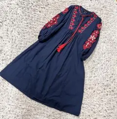 ZARA ボヘミア　リネンコットンブレンド　刺繍　ロング　ワンピース