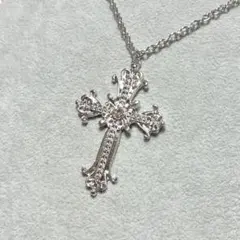 バロック調クロスチャーム十字架ロザリオネックレス シルバーカラークリアビジュー