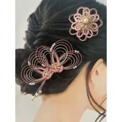 《セットでお得》和装　髪飾り　水引　2点セット　ピンク（ラメ）×ゴールド