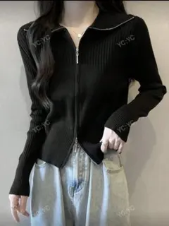 ブラックリブ編みジッパーセーター