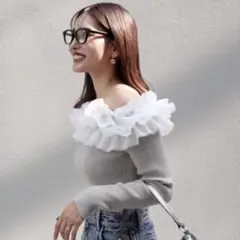 rienda リエンダ チュールフリルオフショルニットトップス グレー 美品