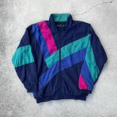 一点モノ◎ヴィンテージ古着90sデザインナイロンジャケット刺繍ロゴXLネイビー緑