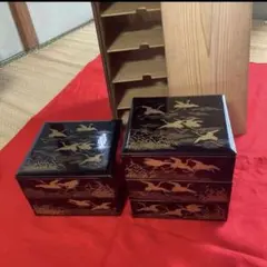 漆器 重箱 金色の鶴と波模様　輪島塗